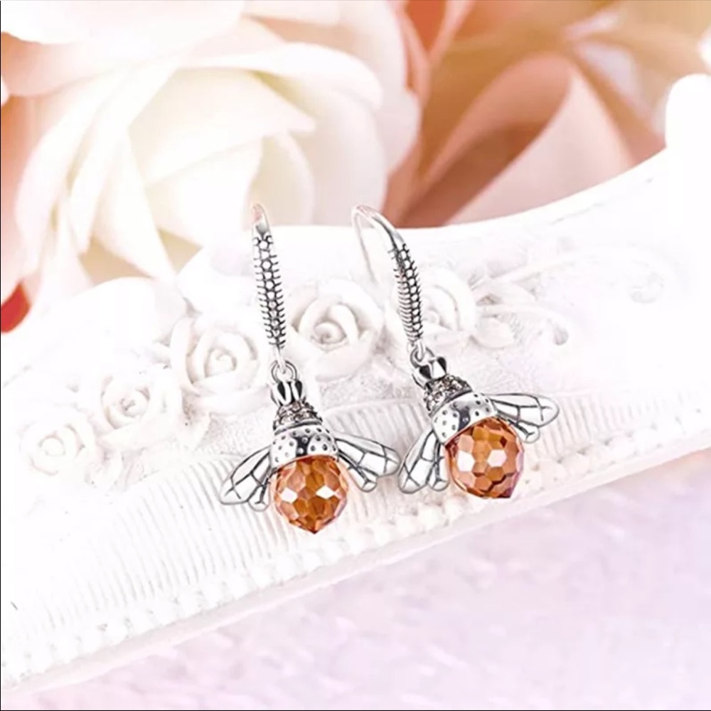 New 925 Silver Stylish Cute Bee Champagne Earrings - Picture 3 of 4